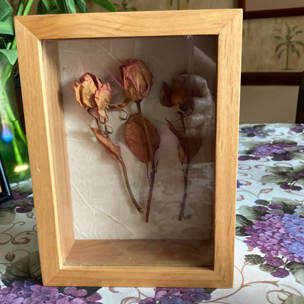 Natural Wood Shadow Box with Dried Roses signed by the artist